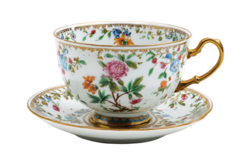 Elegant Floral Tea Cup and Saucer with Gold Trim