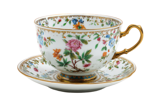 Elegant Floral Tea Cup and Saucer with Gold Trim