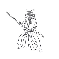 Line art illustration of a Samurai warrior wielding a katana