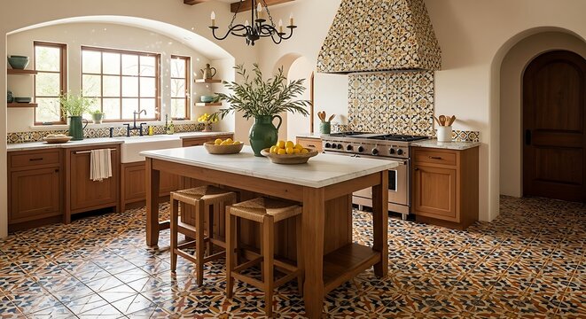 Exquisite kitchen design with warm wood tones and patterned floor creating inviting atmosphere