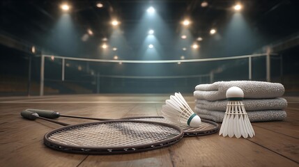 A badminton court scene featuring rackets, shuttlecocks, and towels, with dramatic lighting enhancing the atmosphere.