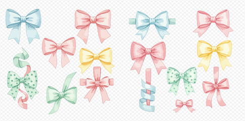 A collection of watercolor-style bows in various pastel colors, including pink, blue, yellow, and green, some with polka dots and ribbons.