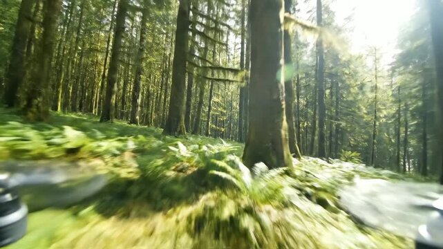 A dynamic, fast fpv perspective rushes through the vibrant green ferns of a lush temperate forest, capturing ethereal sunbeams.