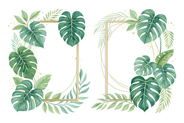 Watercolor tropical Monstera leaves floral frames