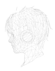 A low polygonal wireframe head of a boy wearing headphones, rendered in a stark black and white drawing style.