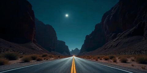 Desert Highway at Night – Moonlit Road Through Rocky Canyon with Starry Sky