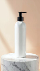 Minimalist White Pump Bottle on Marble Stand – Elegant Cosmetic or Skincare Packaging Mockup