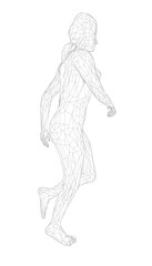 A black and white wireframe woman runs in a low polygonal style with outstretched limbs on a clean white background.