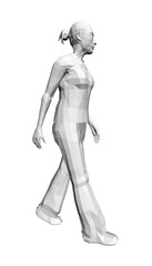 A low poly woman walks confidently in a white dress with her hair in a bun against a plain background.