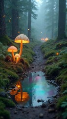 Enchanted Forest Path – Glowing Mushrooms and Magical Light on a Misty Trail