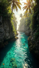 Tropical Canyon River – Crystal Clear Water Flowing Through Lush Jungle and Palm Trees
