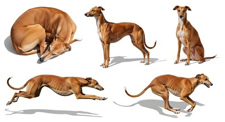 Greyhound dog in various poses including running, standing, and sleeping  