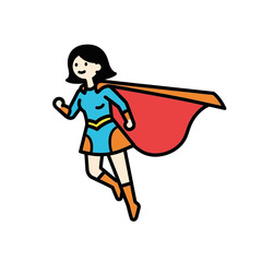 Cartoon Superheroine Flying with Red Cape and Costume
