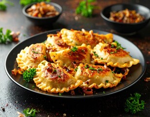 Crispy Golden Brown Pierogi On Dark Plate
