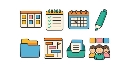 Office productivity flat icon set. task, calendar, folder, and document icons collection