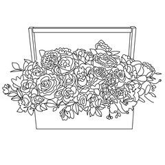 bouquet in decorative box is drawn in black outline on white background. decorative item for a special event, anniversary, wedding, or holiday. stock vector illustration. EPS 10.