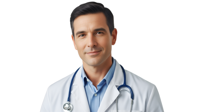 Male doctor with stethoscope wearing white coat smiling isolated PNG with Transparent Background