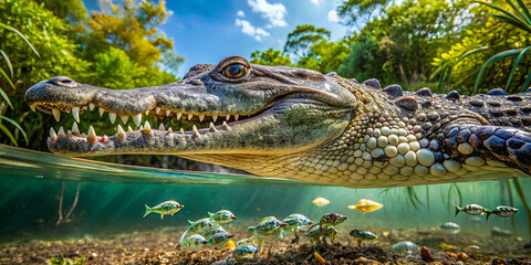 Fototapeta premium A large crocodile swims just below the water's surface, showcasing sharp teeth and scales. Small fish swim nearby in a vibrant, sunlit tropical environment