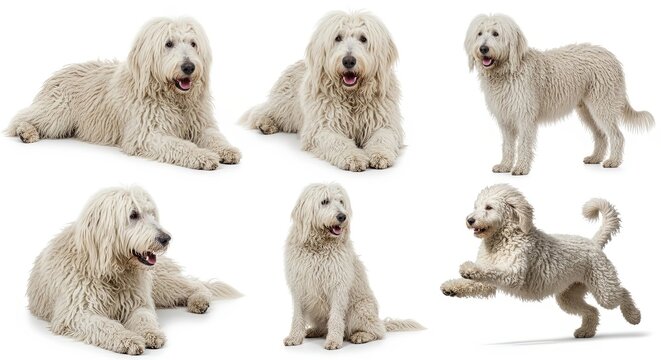 Komondor dog posing in various playful and relaxed positions  