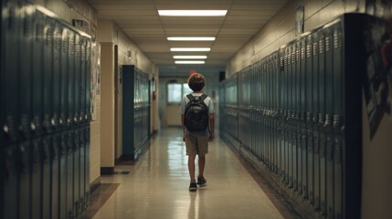 A young boy with a backpack walks down a school hallway lined with blue lockers. The setting is bright and empty, suggesting a quiet school environment.