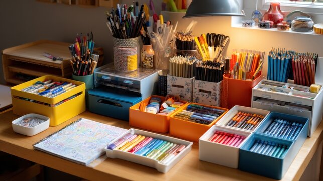 A well-organized workspace with various art supplies. Colorful pens, markers, and pencils are neatly arranged in containers on a wooden table. A sketch pad is visible.