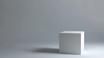 Pristine White Glossy Cube on Gray Backdrop, Embodying Minimalist Modern Artistry with Soft Light Reflection