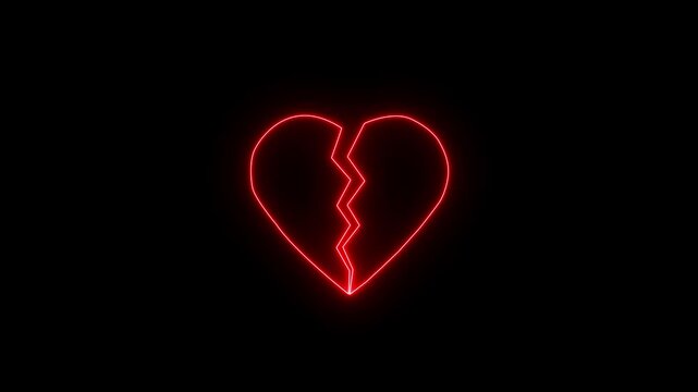 Glowing neon broken-heart icon isolated blue on black background. Animation icon of a broken and blue heart 4k on black background. broken line heart divorce icon