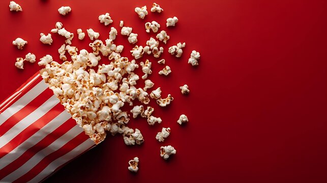 A vibrant red background with a striped popcorn box spilling fluffy popcorn.