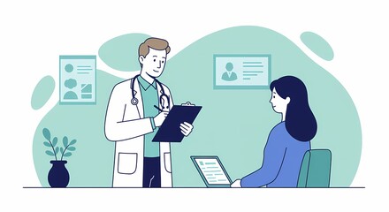 Male doctor consulting with a female patient in a clinic, a flat design medical concept animasi vector illustration