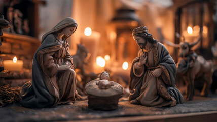 Captivating Nativity scene with baby Jesus surrounded by Joseph and Mary. Merry Christmas postcard design.