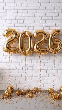 2026 Happy New Year background of golden balloons against white brick wall. Postcard, banner, poster and header design for New Year.