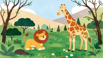 Fototapeta premium Charming Watercolor Safari Scene with Lion Cub and Giraffe in Pastel Nursery Art Style