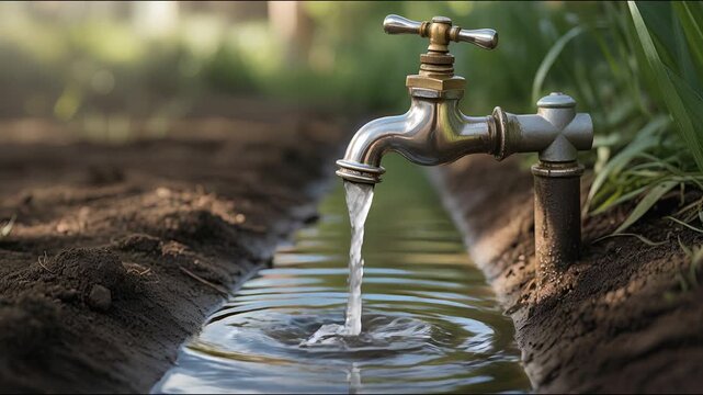 Water Tap and Flow: A close-up captures the elegance of a water tap as fresh, clear water elegantly cascades into a shallow irrigation channel.