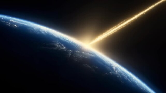 Planet earth view from space sunrise horizon, powerful golden laser beam hits atmosphere, this sci-fi concept shows global event new era dawn, a cosmic energy ray signals discovery or warning