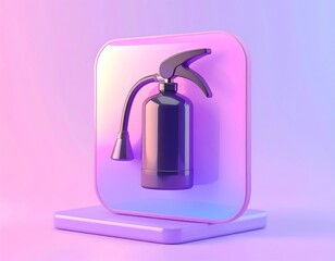 Digital 3D Illustration of a Fire Extinguisher Icon on a Pedestal with Soft Neon Lighting