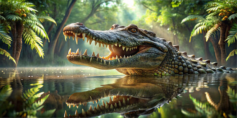 A crocodile with sharp teeth and textured skin surfaces from still waters, illuminated by morning light filtering through dense foliage, creating a serene atmosphere