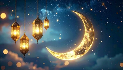 Golden crescent moon with glowing lanterns hanging over a soft night sky, surrounded by twinkling stars and subtle sparkles