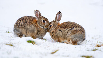 Obraz premium Two rabbits are engaged in a playful interaction amidst a snowy landscape, showcasing their natural behavior in a serene winter setting