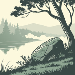 Serene lakeside scene with a large rock and tree overlooking a misty forest and calm water