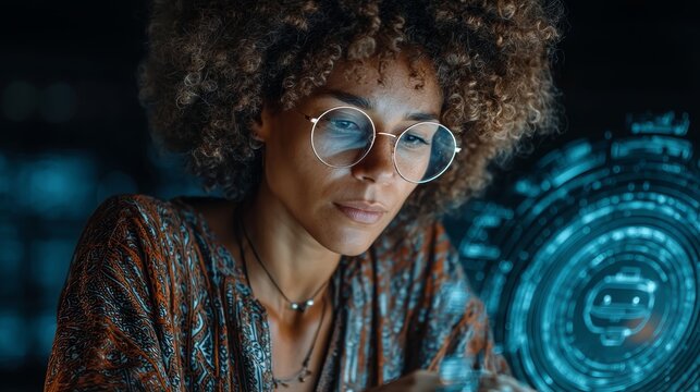 Focused young woman studying digital technology with futuristic holographic interface