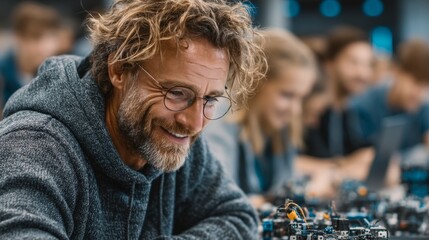 Educator leading a classroom with engaged students working on electronic projects