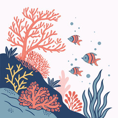 Three adorable cartoon fish swim through a vibrant coral reef with colorful anemones and seaweed