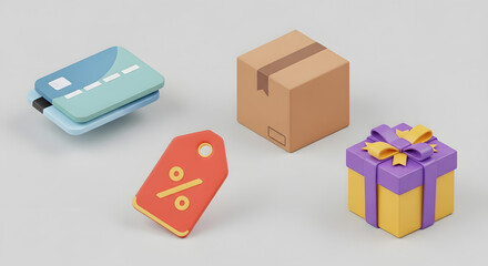 Obraz premium Online shopping concept with credit card, gift box and discount tag isolated on white background