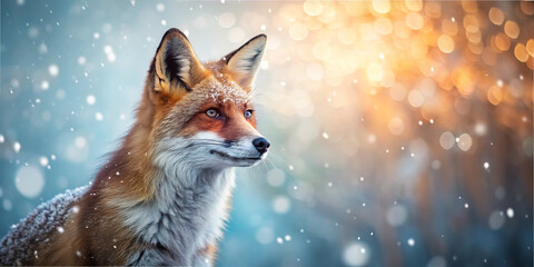 Fototapeta premium A fox stands gracefully in a snowy forest, surrounded by delicate snowflakes. The soft light creates a magical atmosphere, highlighting the fox's striking features and warm fur