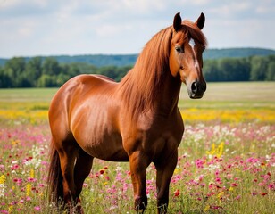 Fototapeta premium a horse stands in a field of flowers.