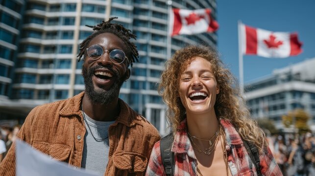 Happy friends laughing outdoors on a sunny day with Canadian flags in background - Powered by Adobe