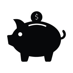 Black piggy bank icon with dollar coin