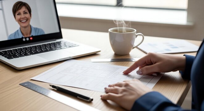 Creative Workspace: Designer's Desk with Wireframe, Tools, and Coffee During a Positive Client Video Call