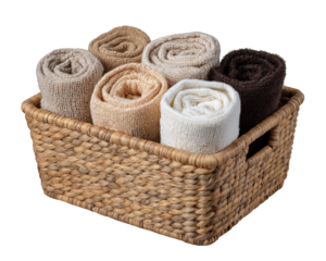 Rolled hand towels in woven basket, featuring neutral beige, brown, and white colors, create cozy and organized household decor accent for bathroom or spa settings