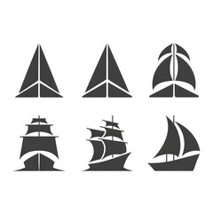 Six diverse sailing ship icons in black silhouette